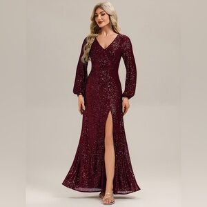 🆕Deep V-Neck Sequin Lantern Sleeve Evening Dress